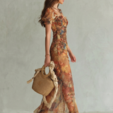 Ginevra — Ochre Floral Midi Dress with Ruched Bodice, Ruffle Sleeves and Front Slit