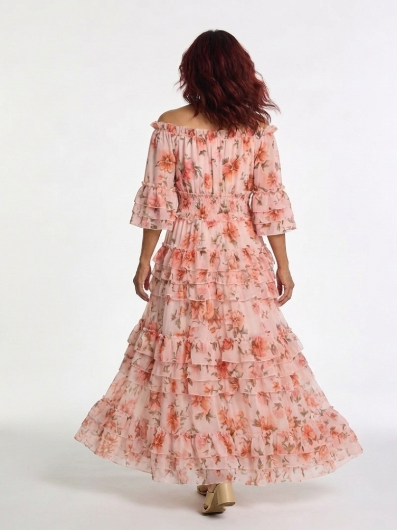 Cynwen — Peach Floral Off-Shoulder Tiered Maxi Dress with Ruffle Hem