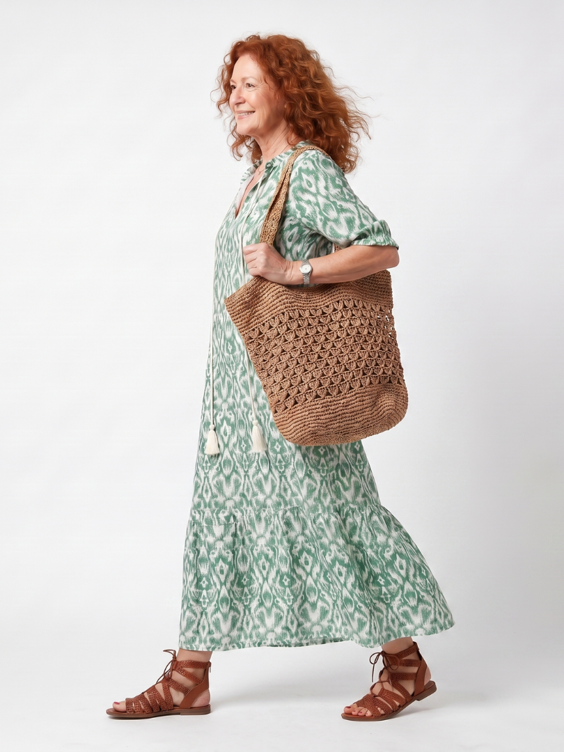 Petronel — Sage Green Ikat-Print Tassel-Tie Maxi Dress with Tiered Skirt