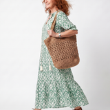 Petronel — Sage Green Ikat-Print Tassel-Tie Maxi Dress with Tiered Skirt