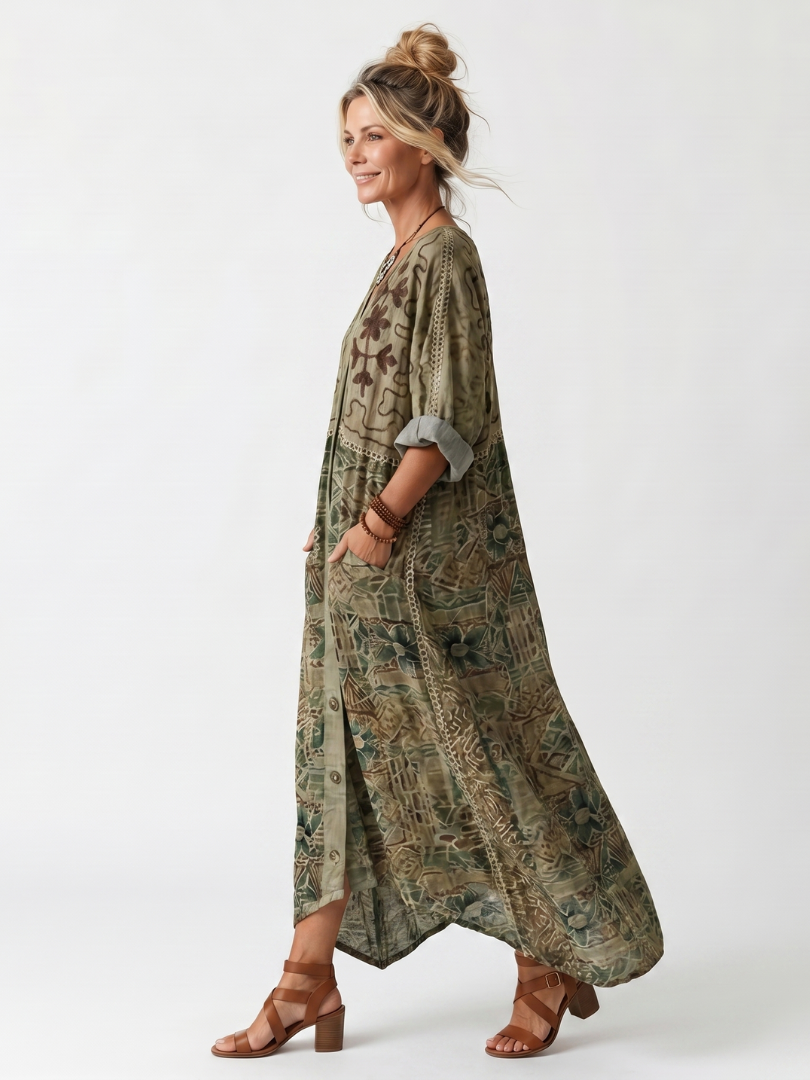 Cadella — Olive Embroidered Button-Front Relaxed Midi Dress with Pockets