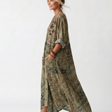 Cadella — Olive Embroidered Button-Front Relaxed Midi Dress with Pockets