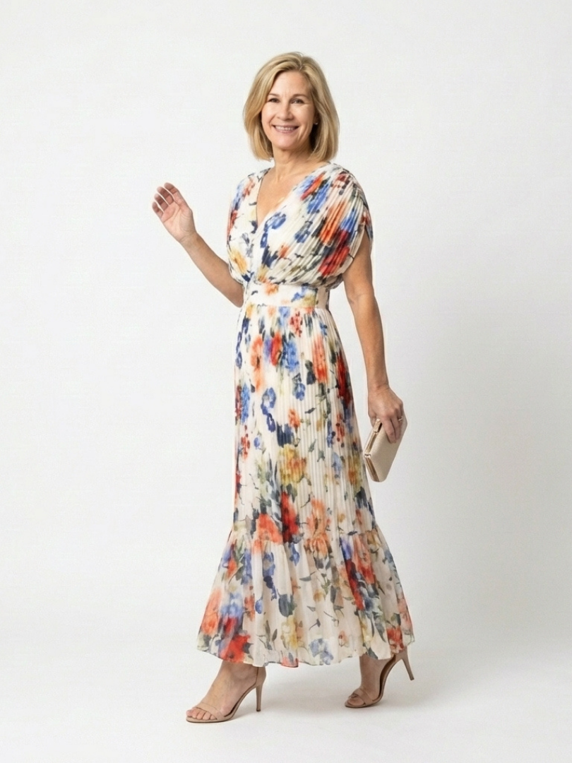 Radka — Multicolour Floral V-Neck Midi Dress with Flutter Sleeves