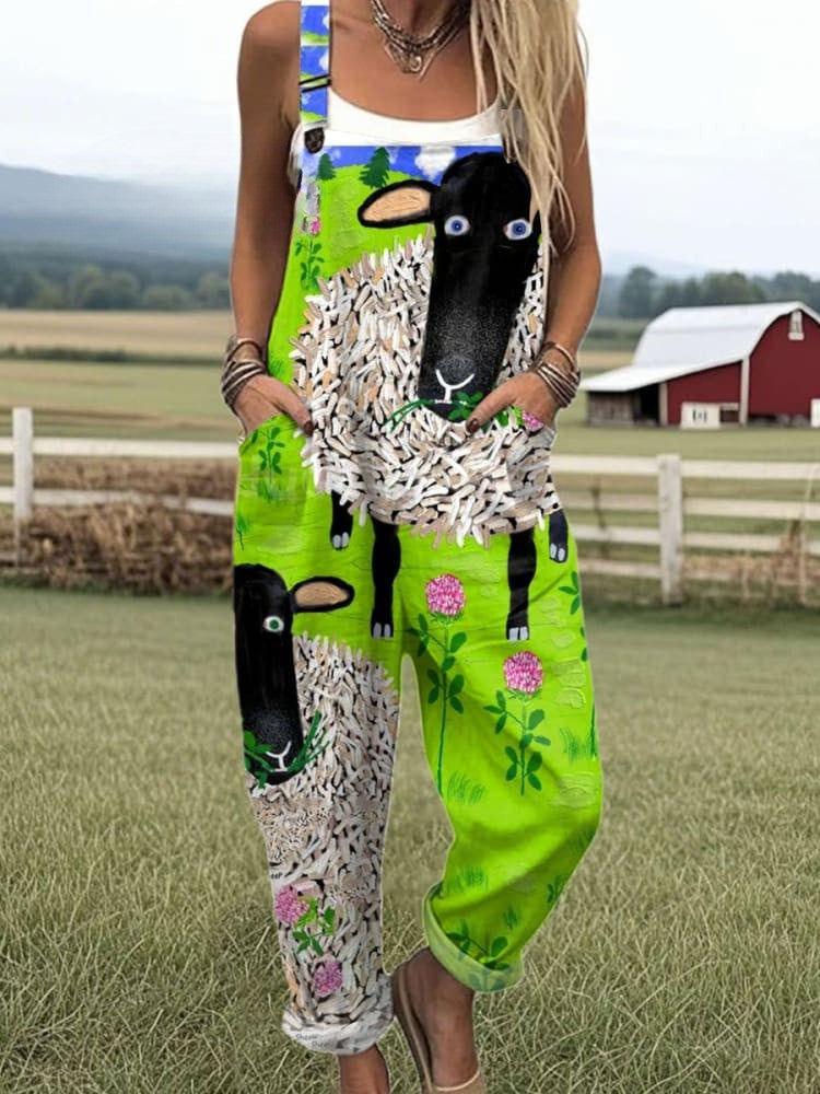 Elisenda — Lime Green Sheep and Cow Print Overalls
