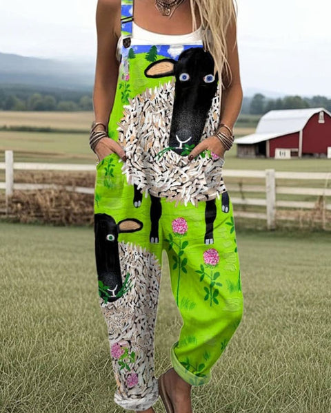 Elisenda — Lime Green Sheep and Cow Print Overalls