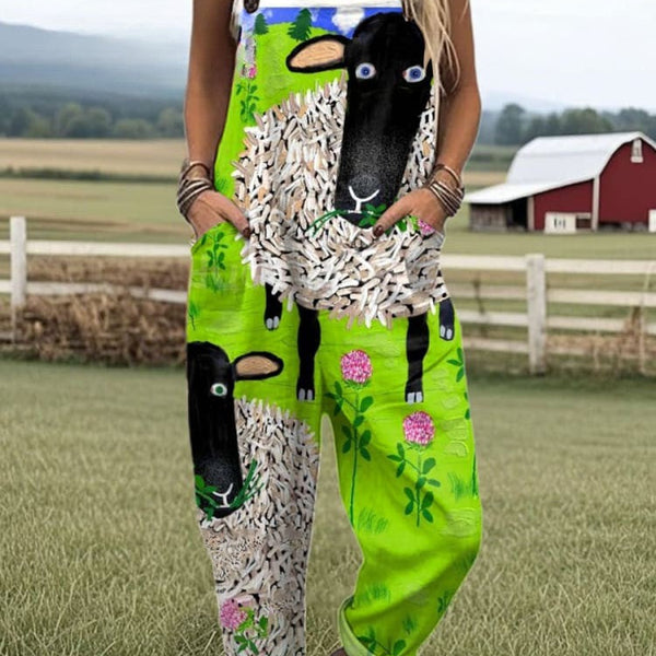 Elisenda — Lime Green Sheep and Cow Print Overalls