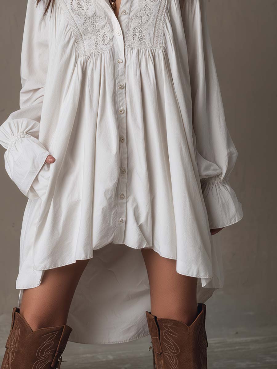 Idony — White High-Low Shirt Dress with Embroidered Yoke and Ruffle Cuffs