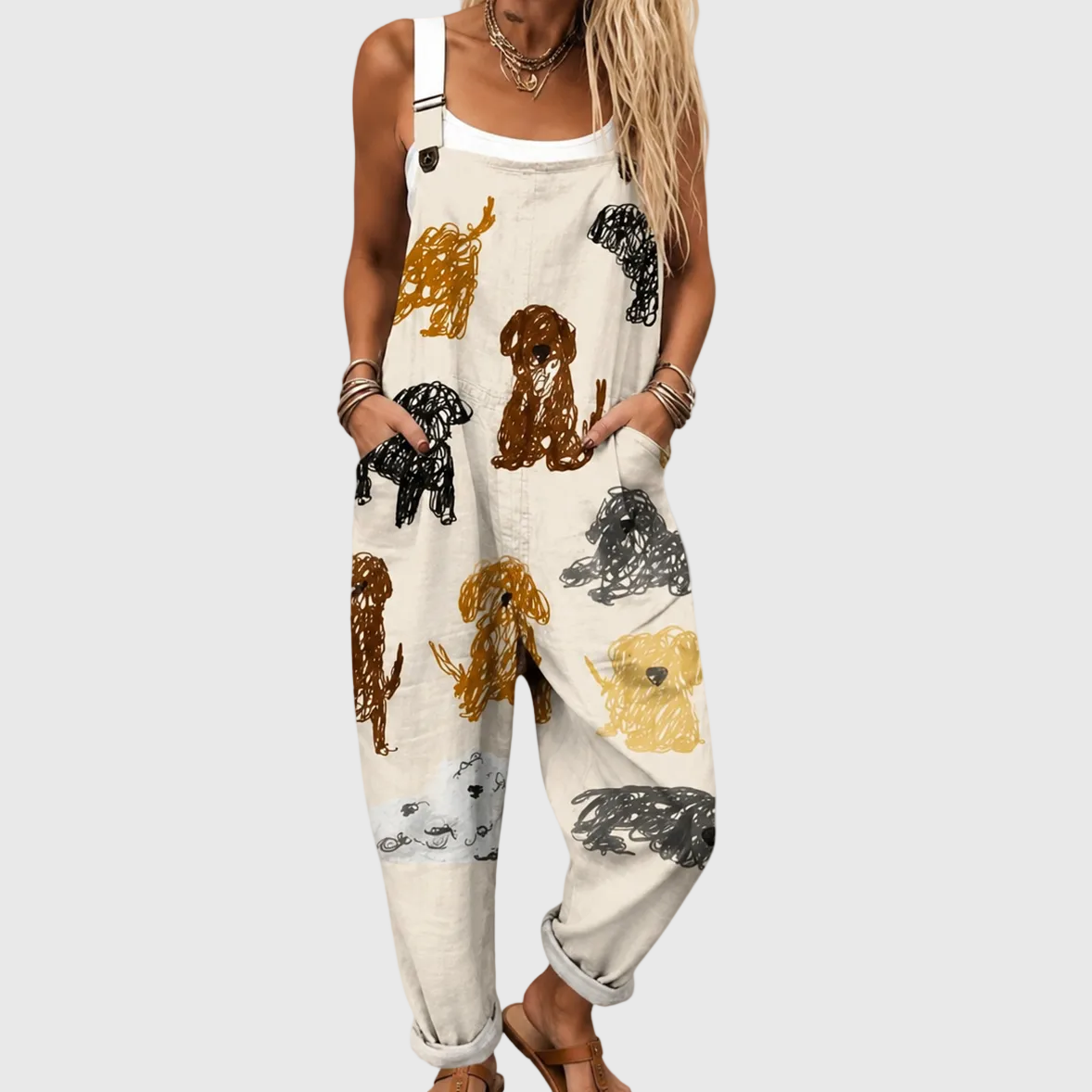 Kate — Dog Print Cream Overalls