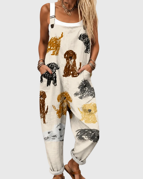 Kate — Dog Print Cream Overalls