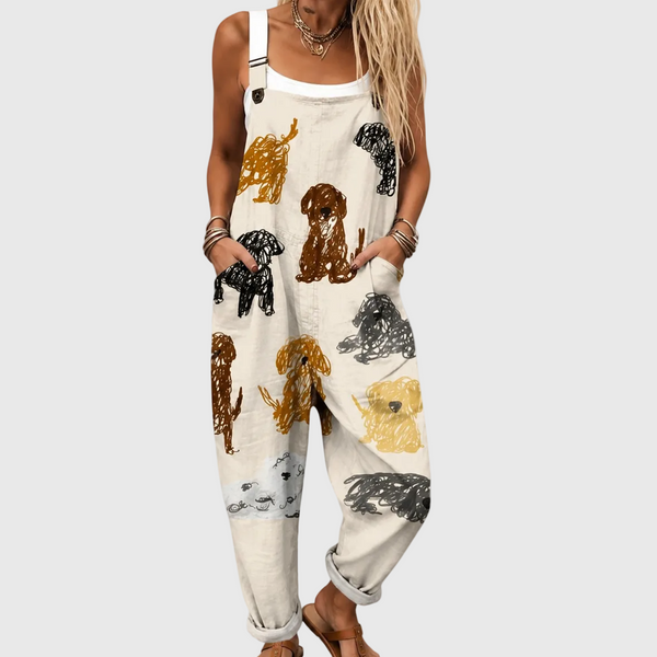 Kate — Dog Print Cream Overalls