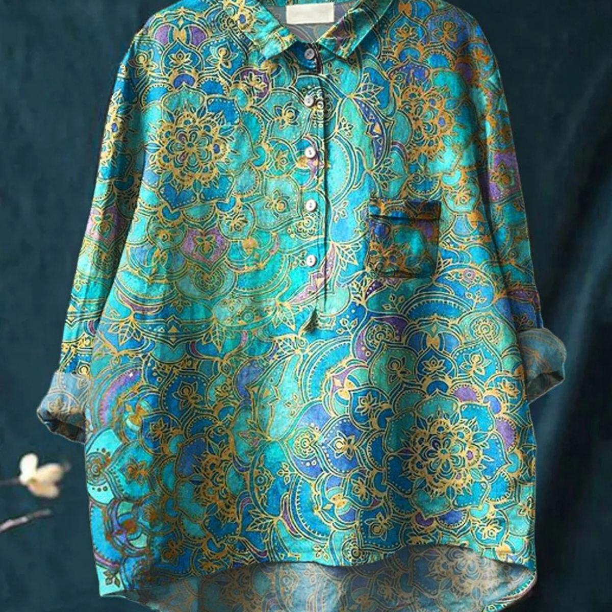 Meriel — Teal Paisley Medallion Print Button-Up Blouse