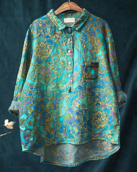 Meriel — Teal Paisley Medallion Print Button-Up Blouse