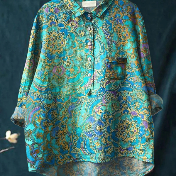 Meriel — Teal Paisley Medallion Print Button-Up Blouse