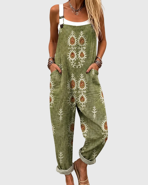 Yvette — Olive Boho Print Overalls