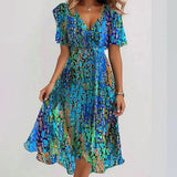 Placida — Blue Boho-Print V-Neck Midi Dress with Gathered Waist