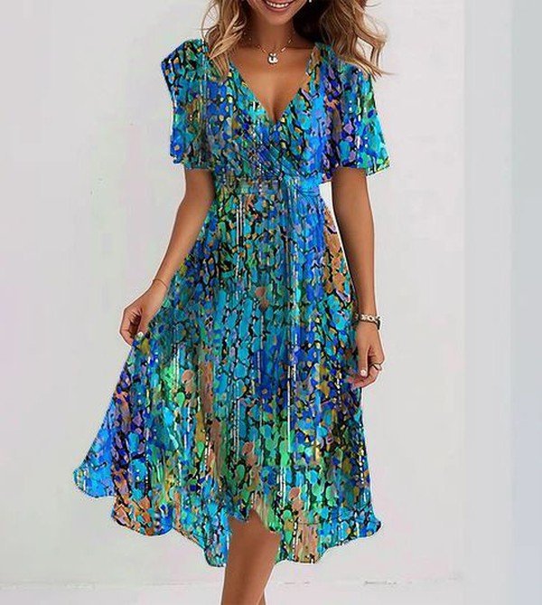 Placida — Blue Boho-Print V-Neck Midi Dress with Gathered Waist