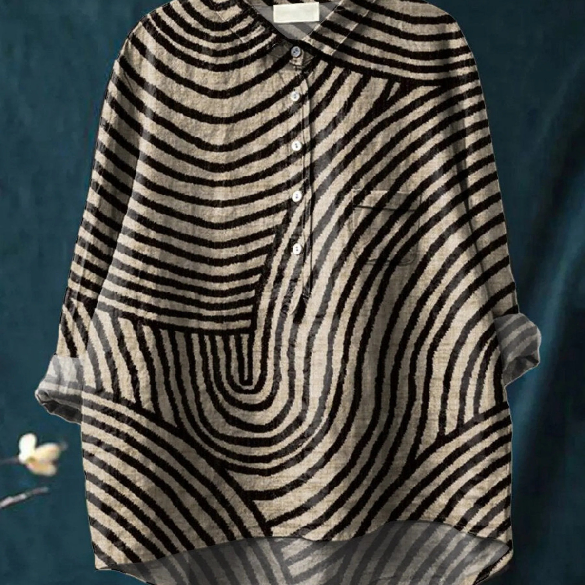 Orabella — Black and Cream Circular Line Print Button-Up Blouse