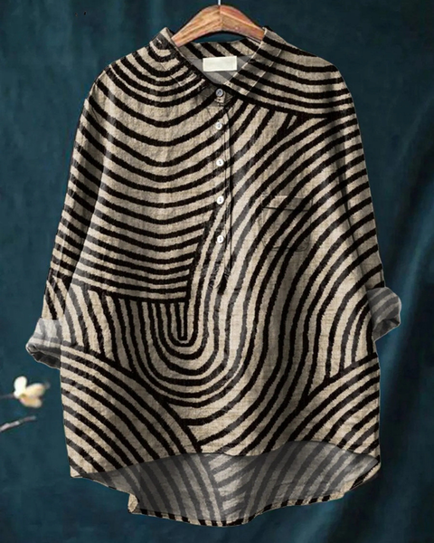 Orabella — Black and Cream Circular Line Print Button-Up Blouse