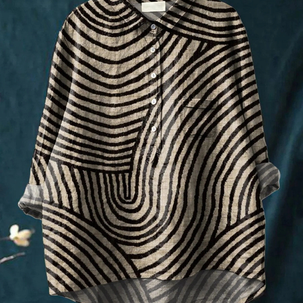 Orabella — Black and Cream Circular Line Print Button-Up Blouse