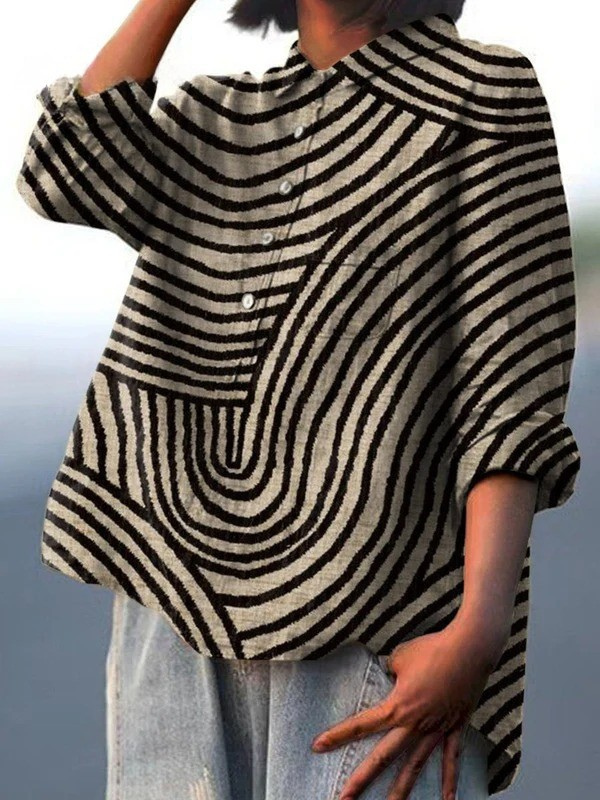 Orabella — Black and Cream Circular Line Print Button-Up Blouse