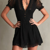 Sigrun — Black Smocked Mini Dress with Sheer Sleeves and Lace-Trim Hem
