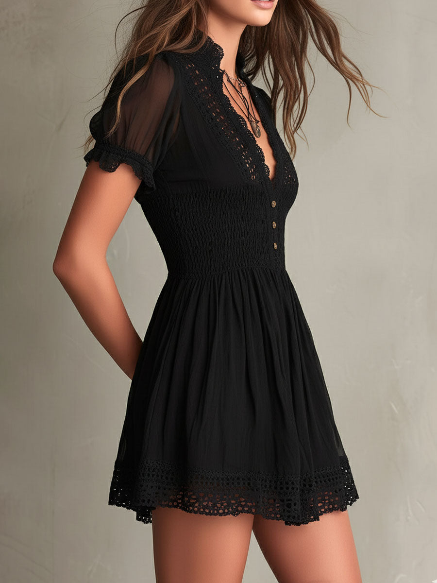Sigrun — Black Smocked Mini Dress with Sheer Sleeves and Lace-Trim Hem