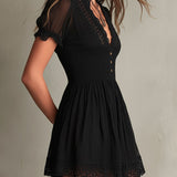 Sigrun — Black Smocked Mini Dress with Sheer Sleeves and Lace-Trim Hem