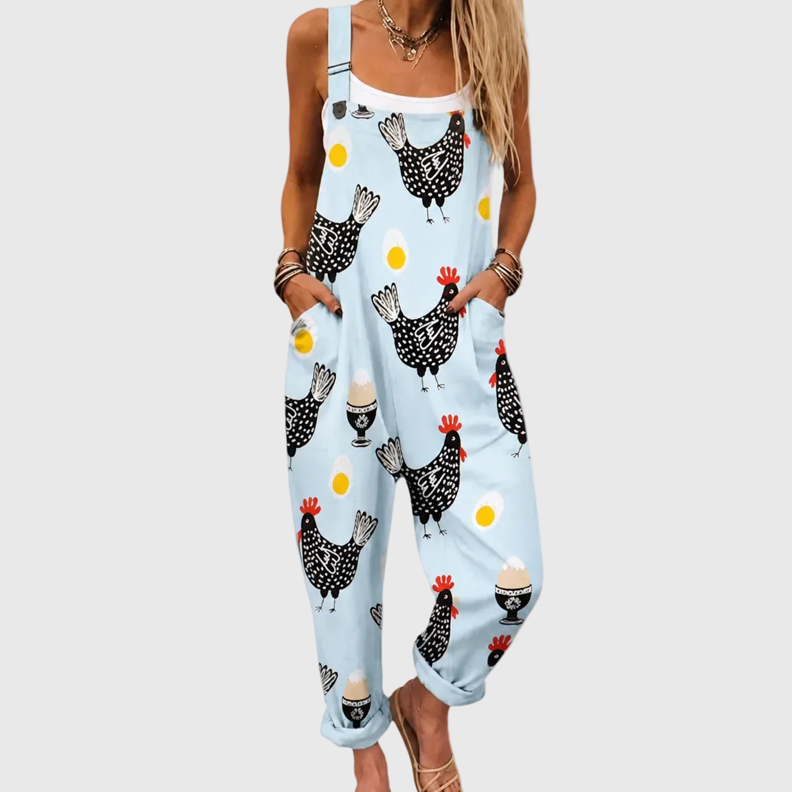 Bess — Black Hen Print Overalls
