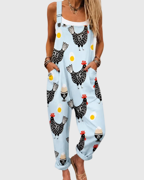 Bess — Black Hen Print Overalls