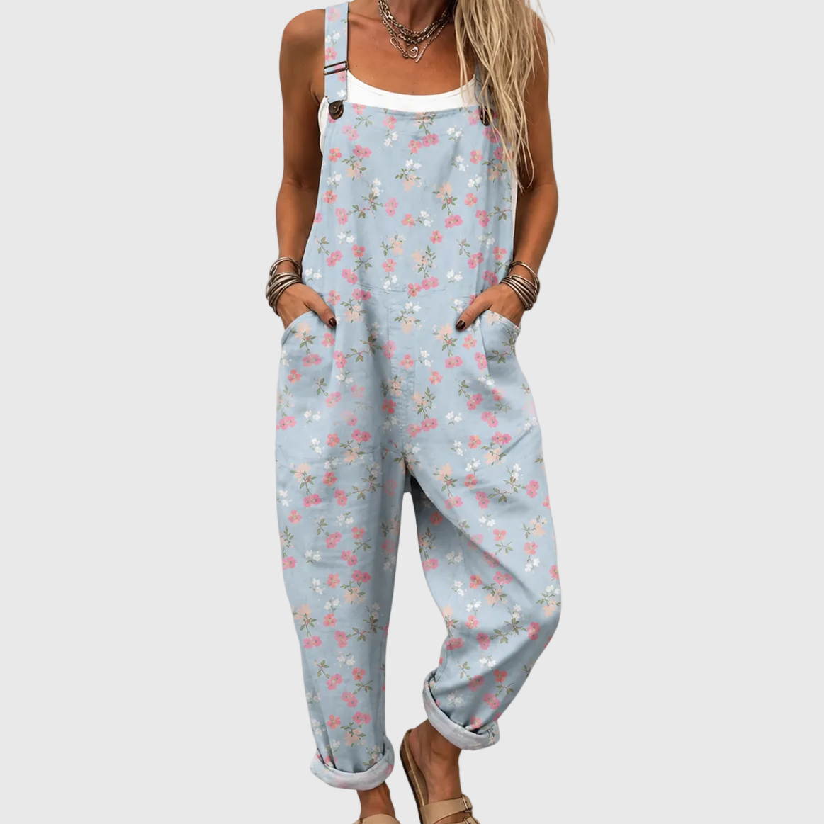 Edie — Pale Blue Floral Print Overalls