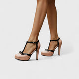 Sachiko — Glossy T-Strap Platform Heels with Bow Detail