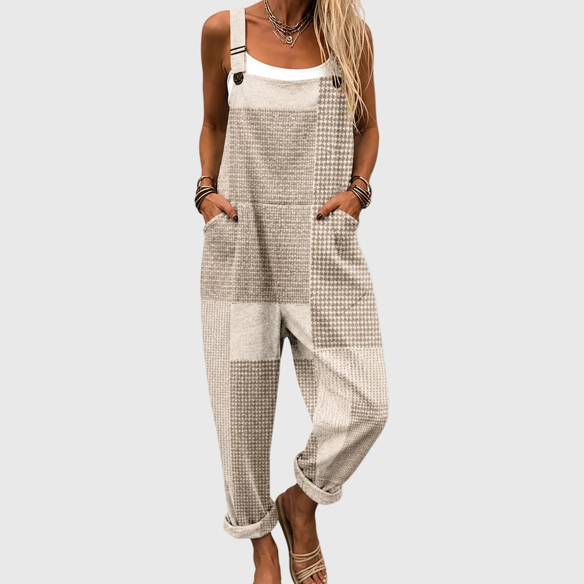 Jemima — Neutral Patchwork Farmhouse Overalls