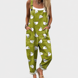 Petra — Olive Hen Print Overalls