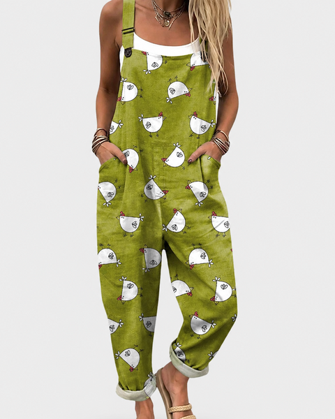 Petra — Olive Hen Print Overalls
