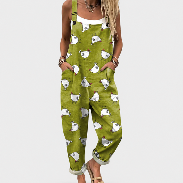 Petra — Olive Hen Print Overalls