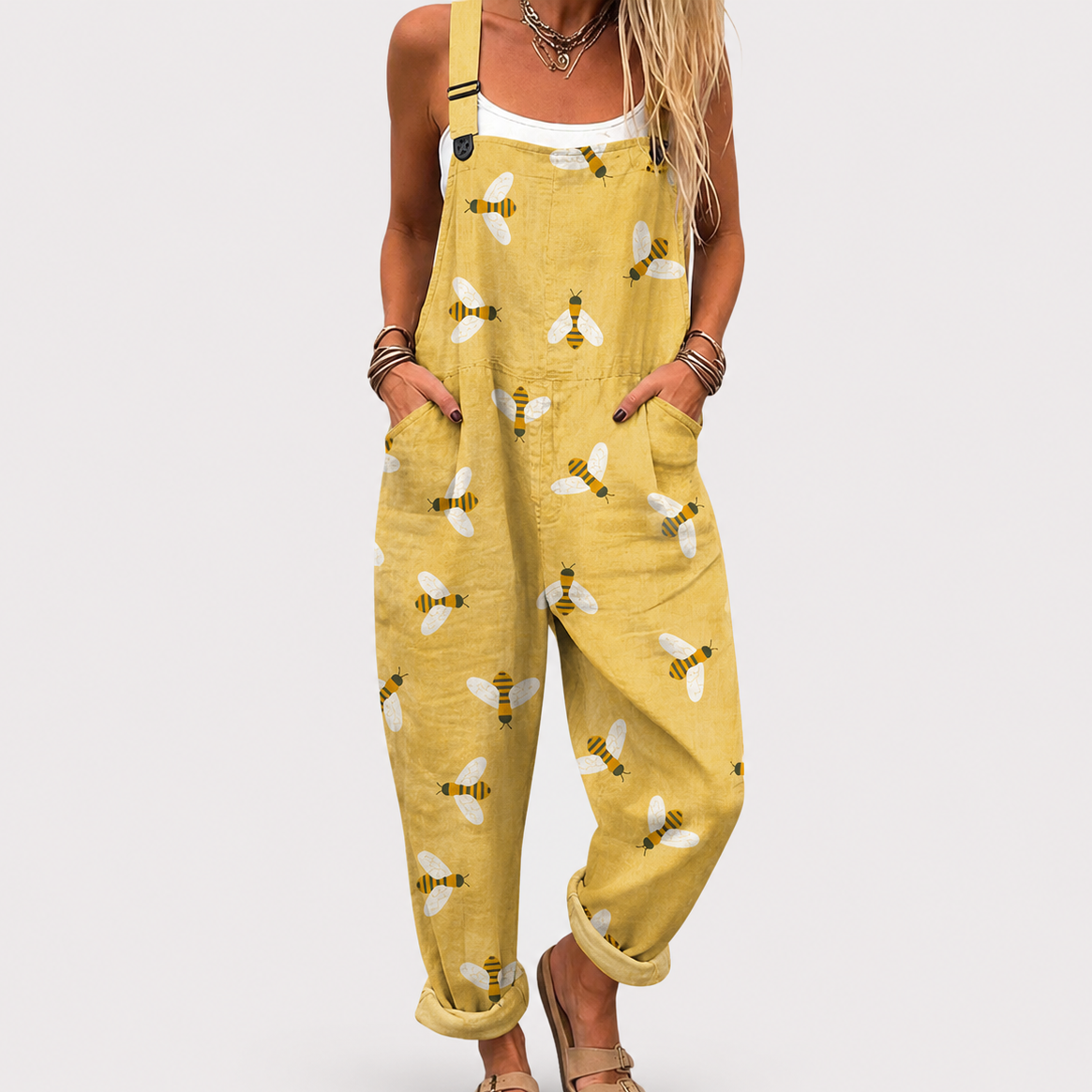 Molly — Yellow Bee Print Relaxed Overalls