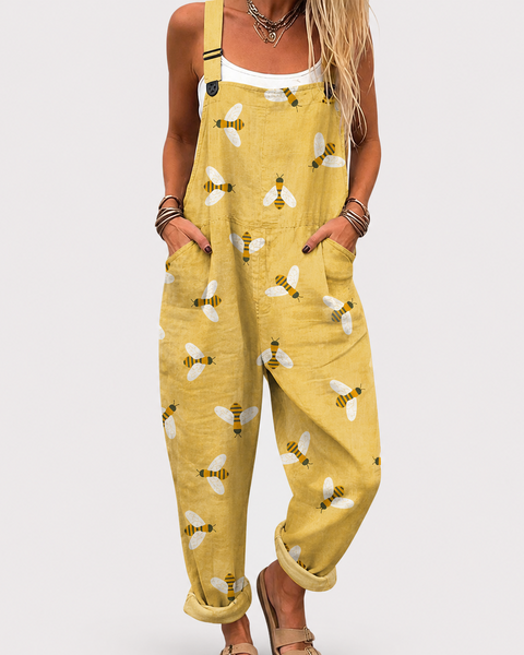 Molly — Yellow Bee Print Relaxed Overalls