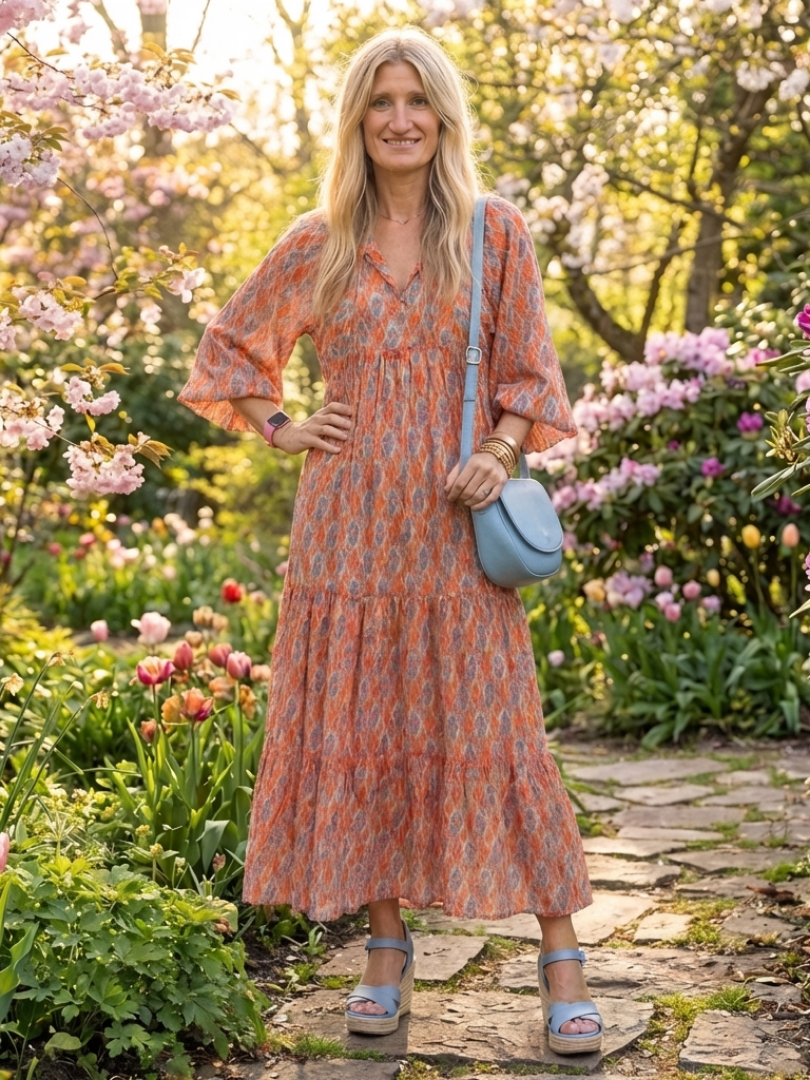 Herta — Orange Ikat-Print Tiered Maxi Dress with Tie Neck and Balloon Sleeves