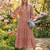 Herta — Orange Ikat-Print Tiered Maxi Dress with Tie Neck and Balloon Sleeves