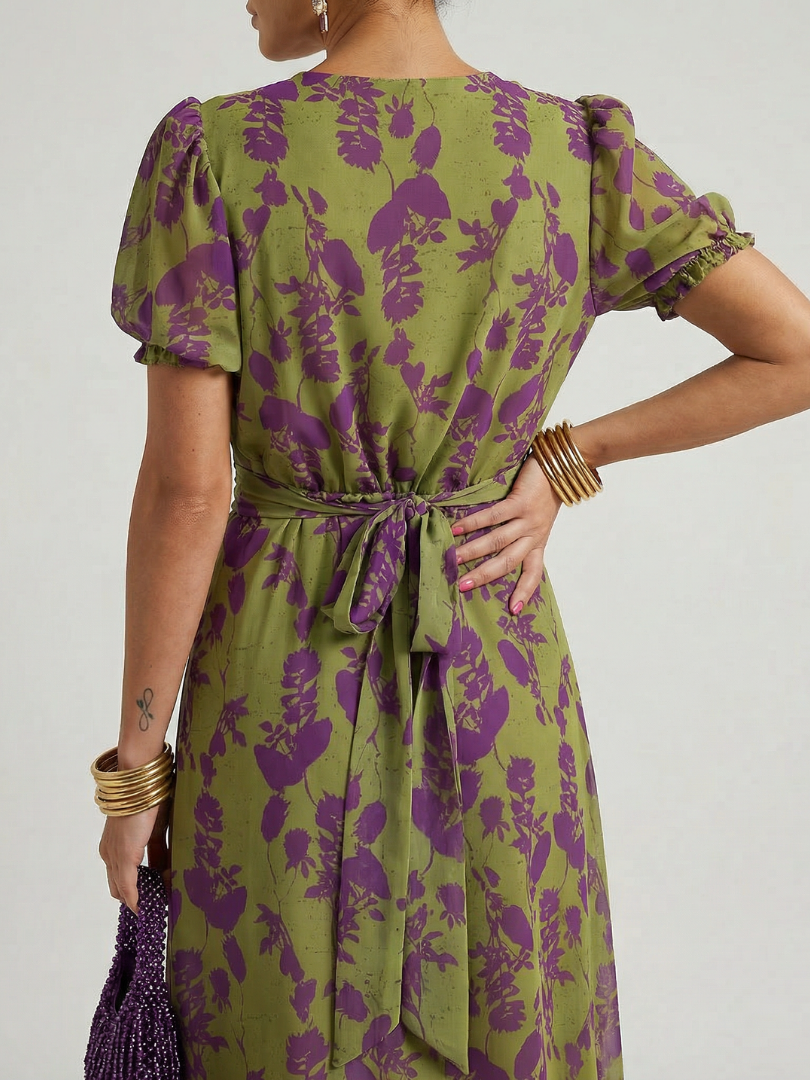 Cynara — Floral Wrap-Front Midi Dress with Puff Sleeves