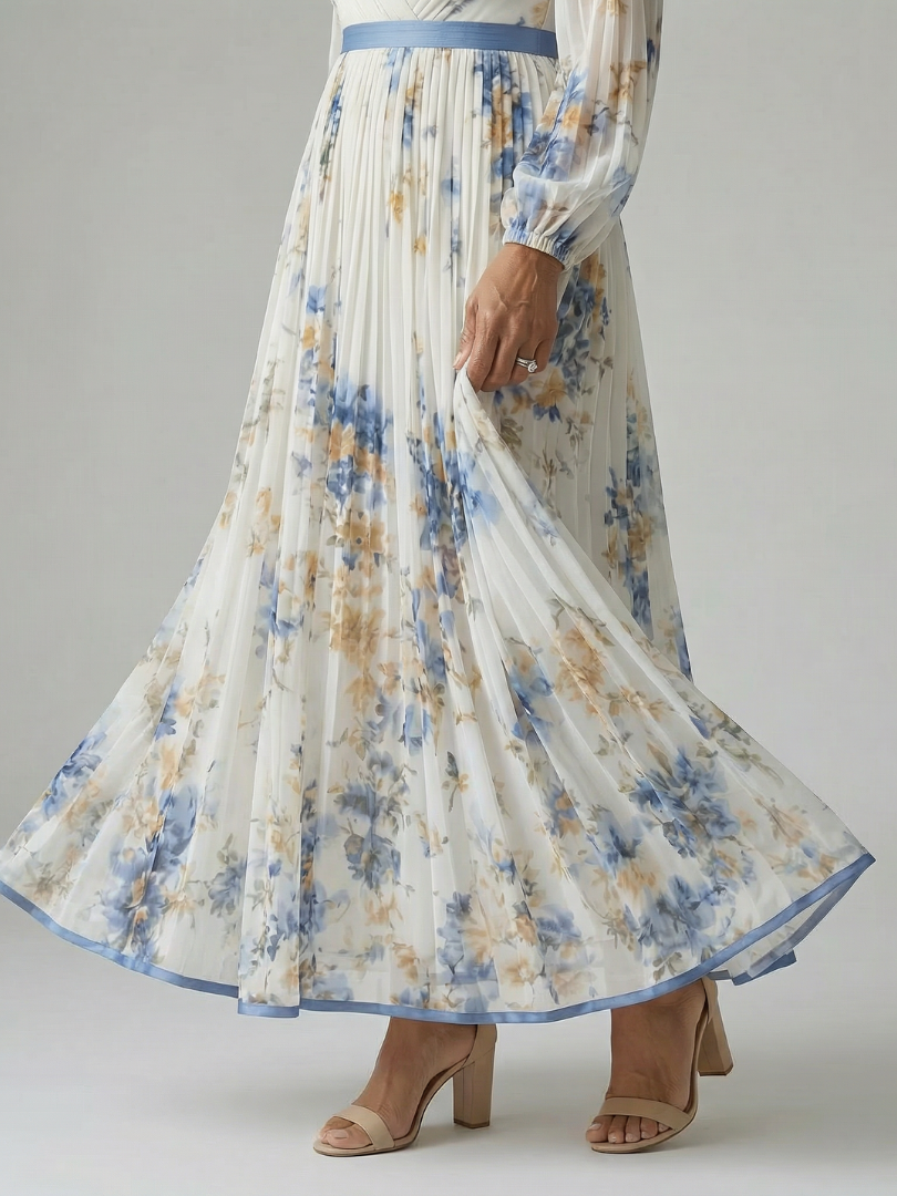 Christabel — Pleated Floral Wrap Dress with Contrast Waist
