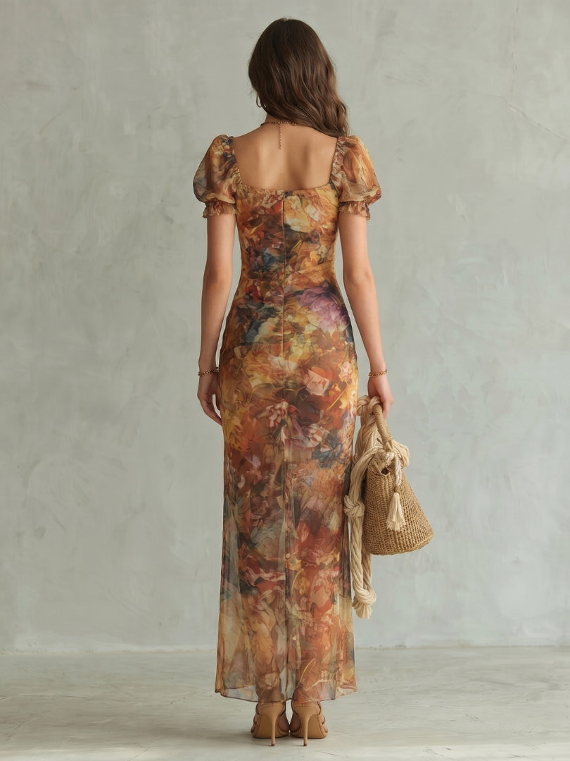 Ginevra — Ochre Floral Midi Dress with Ruched Bodice, Ruffle Sleeves and Front Slit