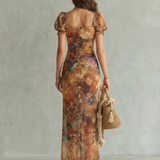 Ginevra — Ochre Floral Midi Dress with Ruched Bodice, Ruffle Sleeves and Front Slit