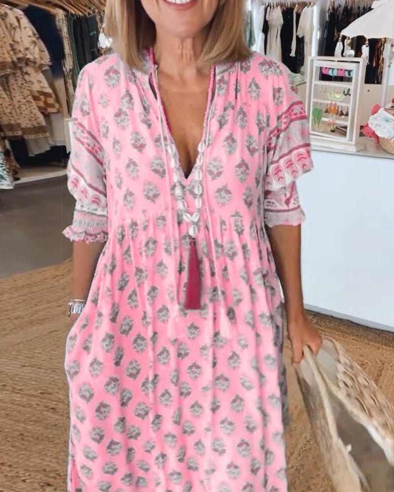 Wilmette — Printed V-Neck Maxi Dress with Tassel Tie and Fringe Hem