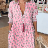 Wilmette — Printed V-Neck Maxi Dress with Tassel Tie and Fringe Hem