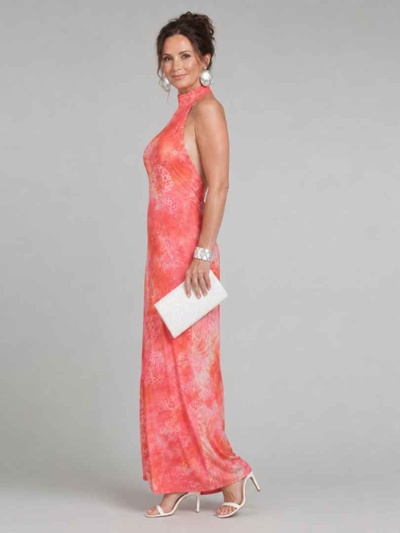 Fermina — Coral Printed Halter Maxi Dress with Fitted Shape