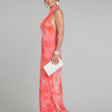 Fermina — Coral Printed Halter Maxi Dress with Fitted Shape