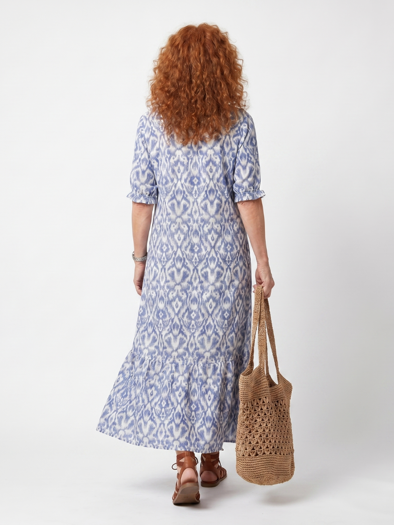 Philippine — Blue and White Ikat-Print Tassel-Tie Maxi Dress with Short Sleeves
