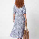 Philippine — Blue and White Ikat-Print Tassel-Tie Maxi Dress with Short Sleeves