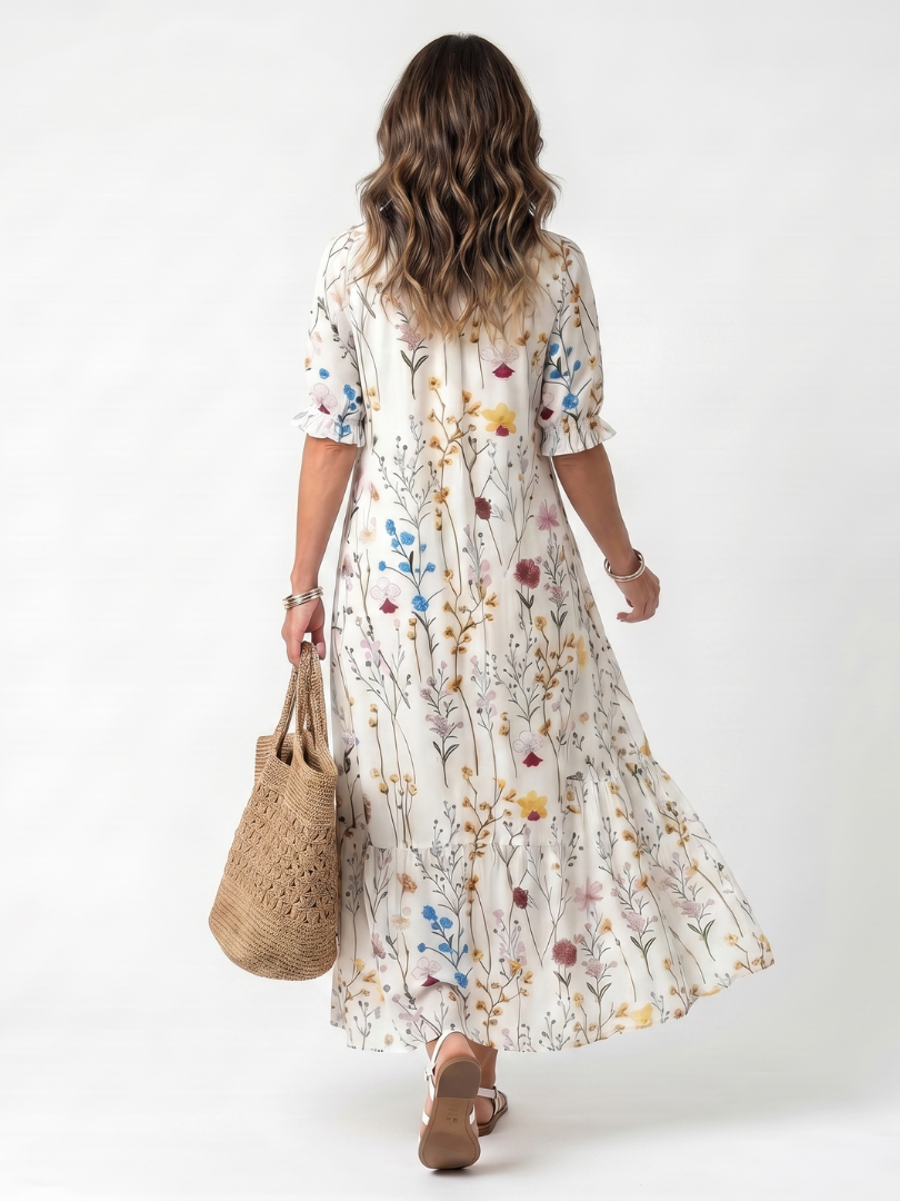 Halldis — Ivory Wildflower-Print Tiered Maxi Dress with Tassel Ties